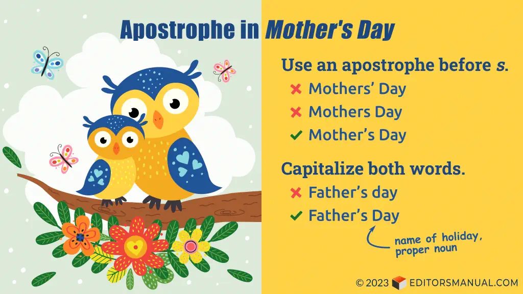 Graphic titled "Apostrophe in Mother's Day." The left panel has an illustration of a parent bird and a cute little baby bird on a flowery branch with butterflies fluttering around them, set against a cloud in the sky. The right panel has the following text. Use an apostrophe before "s." Incorrect: Mothers' Day (with an apostrophe after "s"). Incorrect: Mothers Day (with no apostrophe). Correct: Mother's Day (with an apostrophe before "s"). Capitalize both words. Incorrect: Father's day (with the word "day" lowercased). Correct: Father's Day (with both words capitalized, name of holiday, proper noun).